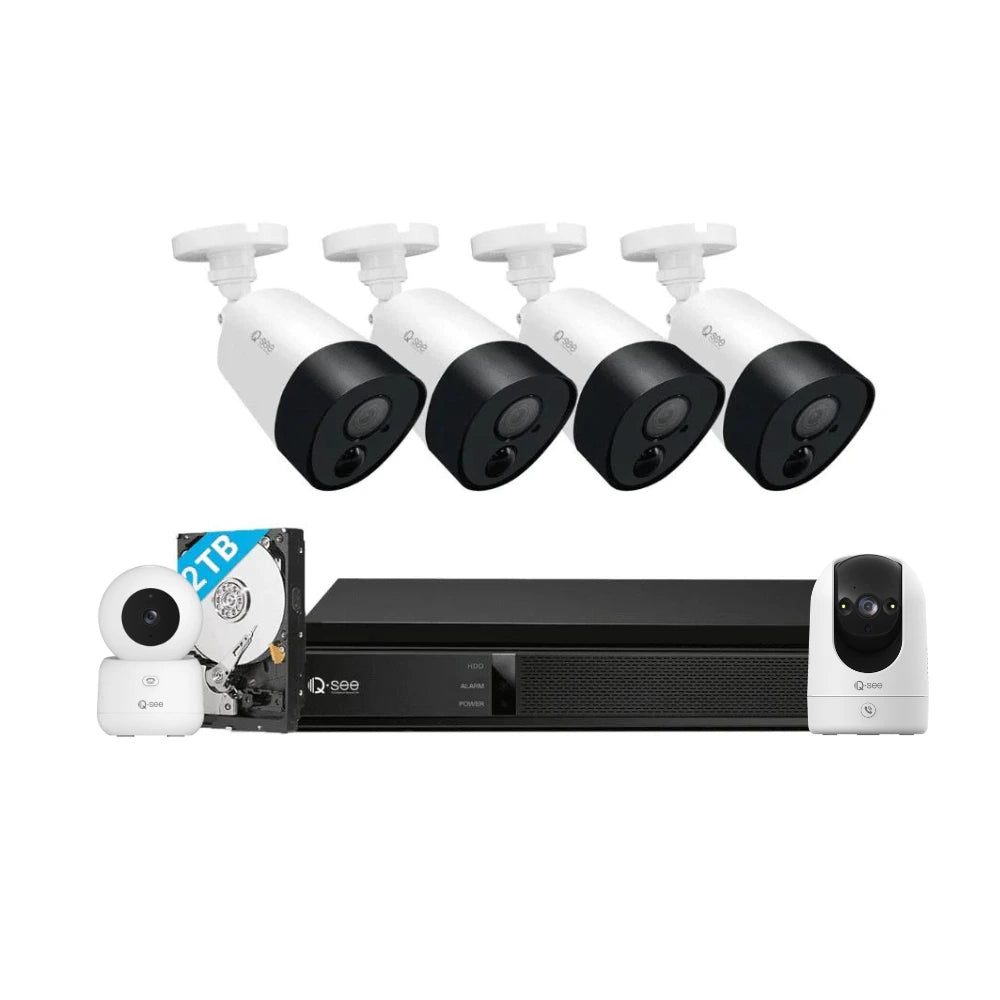 Qsee Mix 5MP 8-CH 2TB PIR DVR System with 4PCs Analog Cameras, One 3MP PT and One 4MP PT WiFi Camera