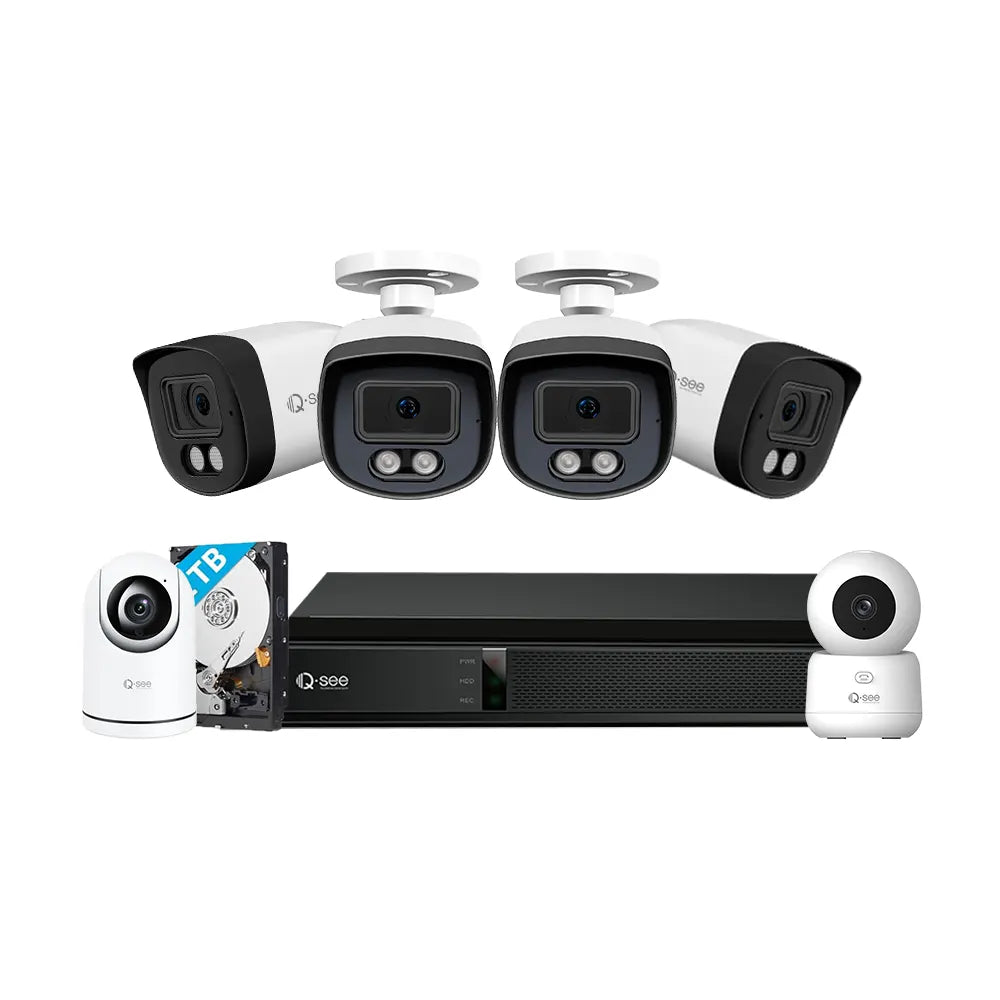 Qsee Mix 4K 2TB 8-Channel NVR System with 4PCs 5MP IP Cameras, One 2MP PT and one 3MP PT WiFi Camera