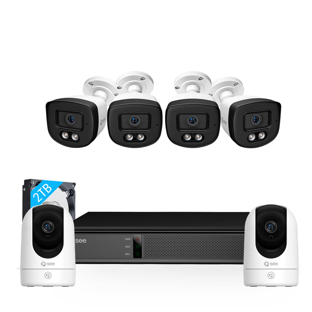 Qsee Mix 4K 2TB 8-Channel NVR System with 4PCs 5MP IP Cameras, Two 2K PT WiFi Cameras