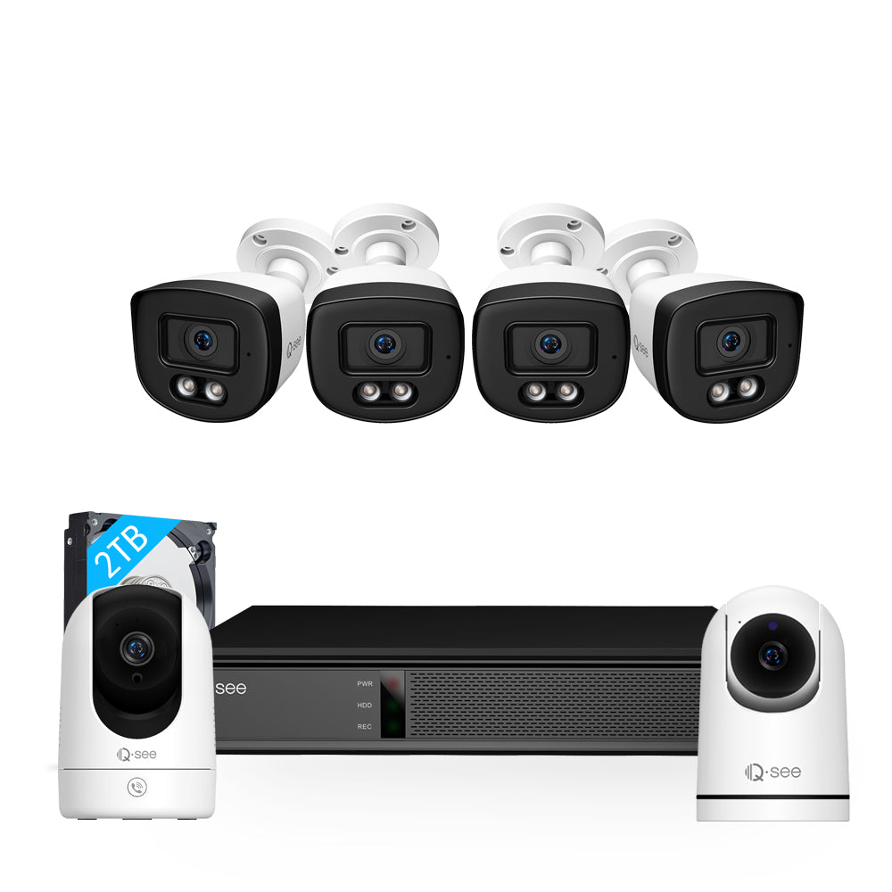 Qsee Mix 4K 2TB 8-Channel NVR System with 4PCs 5MP IP Cameras, One 1080P PT and one 4MP PT WiFi Camera