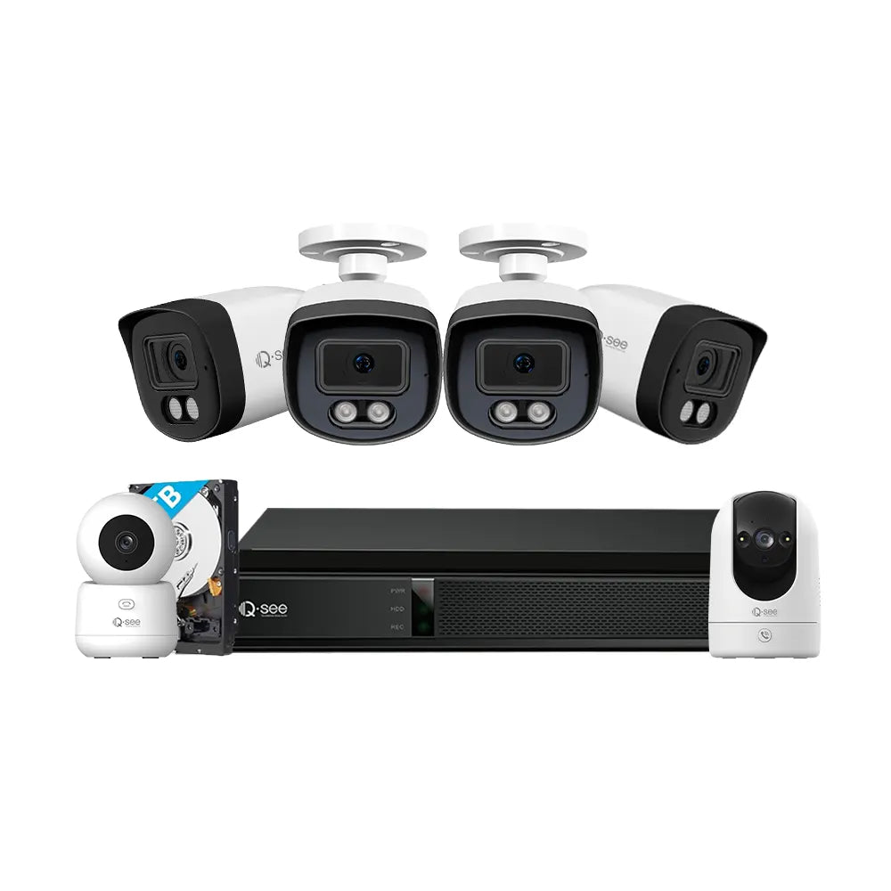 Qsee Mix 4K 2TB 8-Channel NVR System with 4PCs 5MP IP Cameras, One 3MP PT and one 4MP PT WiFi Camera