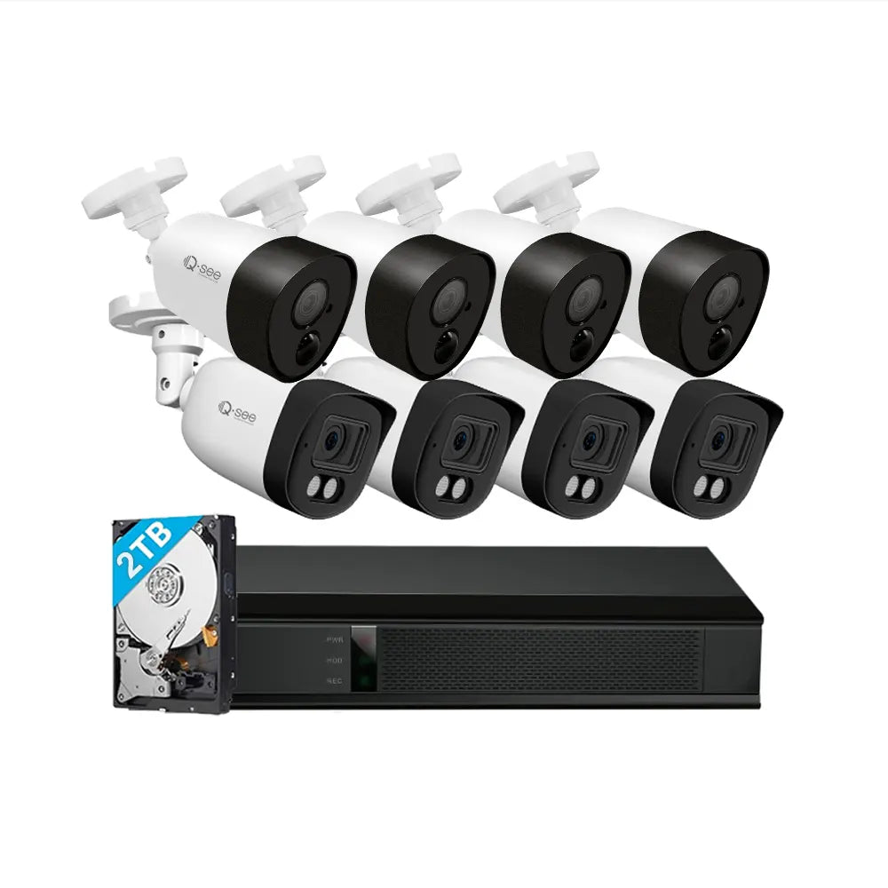 Qsee 5MP 2TB Wired DVR System with 4 PIR Infrared Cameras and 4 Analog Bullet Cameras Featuring Color Night Vision