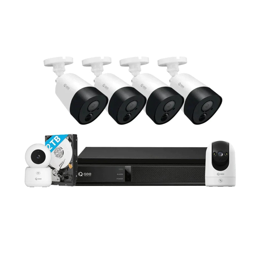 Qsee Mix 5MP 8-CH 2TB PIR DVR System with 4PCs Analog Cameras, Two 3MP PT WiFi Cameras