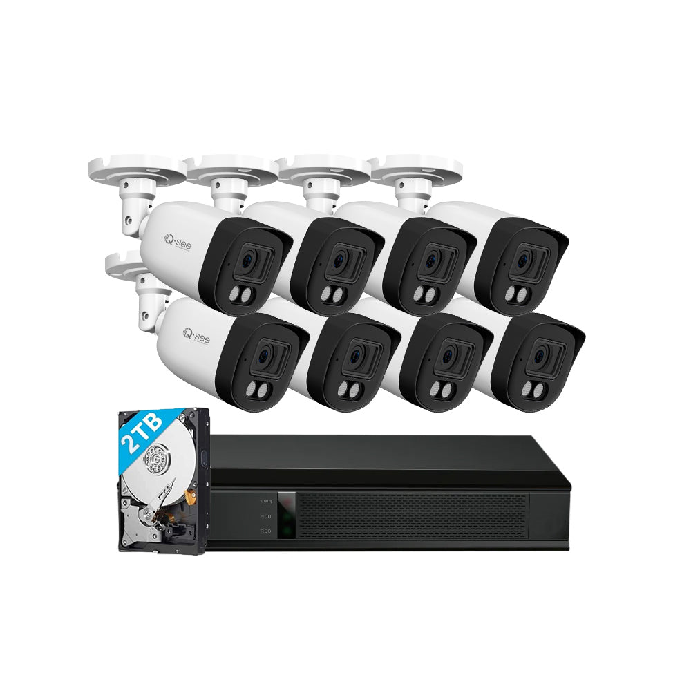 Qsee 5MP 2TB Wired PoE NVR System with 8 IP Bullet Cameras Featuring Color Night Vision